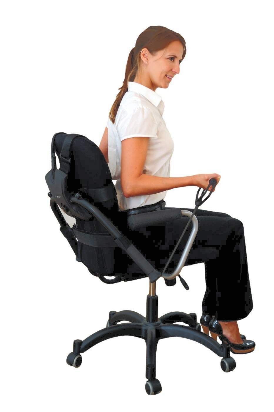 ein Bild, Frau sitzend auf Bürostuhl trainiert mit OfficeGYM