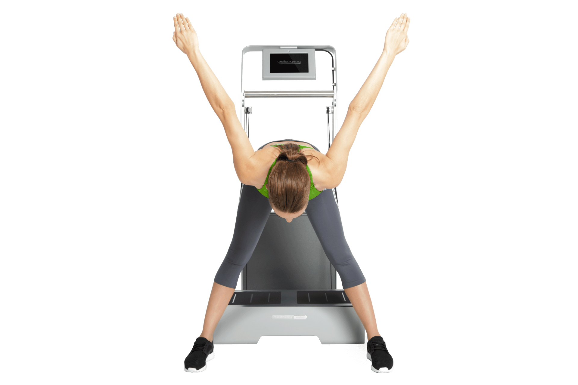 ein Bild, Frau verbeugt sich vor Vibrationstrainer, Wellengang excellence