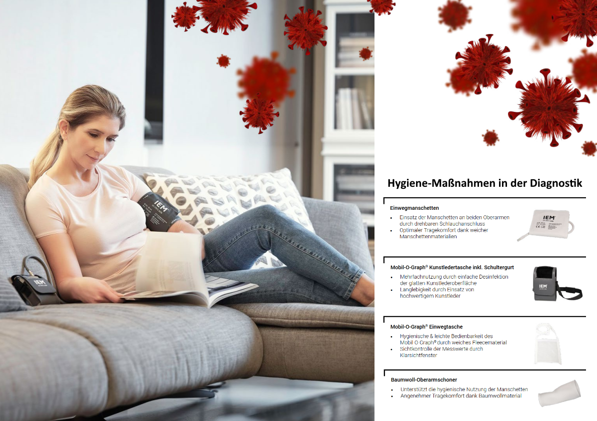 24h-ABDM hygienisch korrekt junge Frau mit Blutdruckmanschette auf der Couch