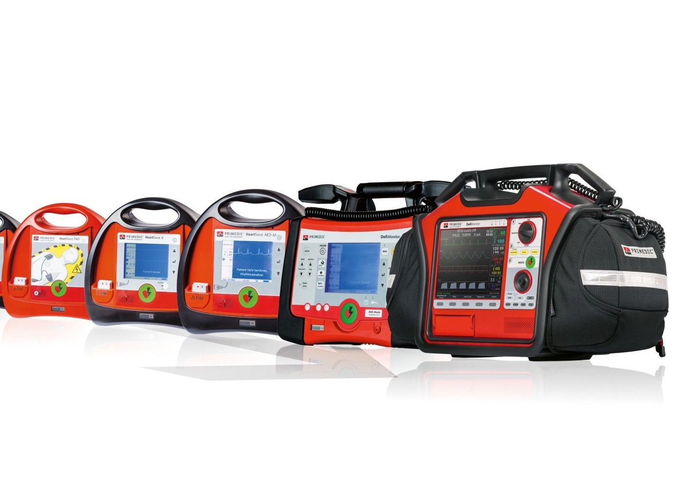 Ein Bild, mehrere Defibrillator-Modelle, Primedic