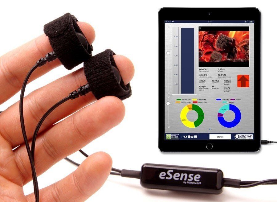 ein Bild, Tablet mit Screen Shot, Finger mit Klettsensoren, Biofeedback