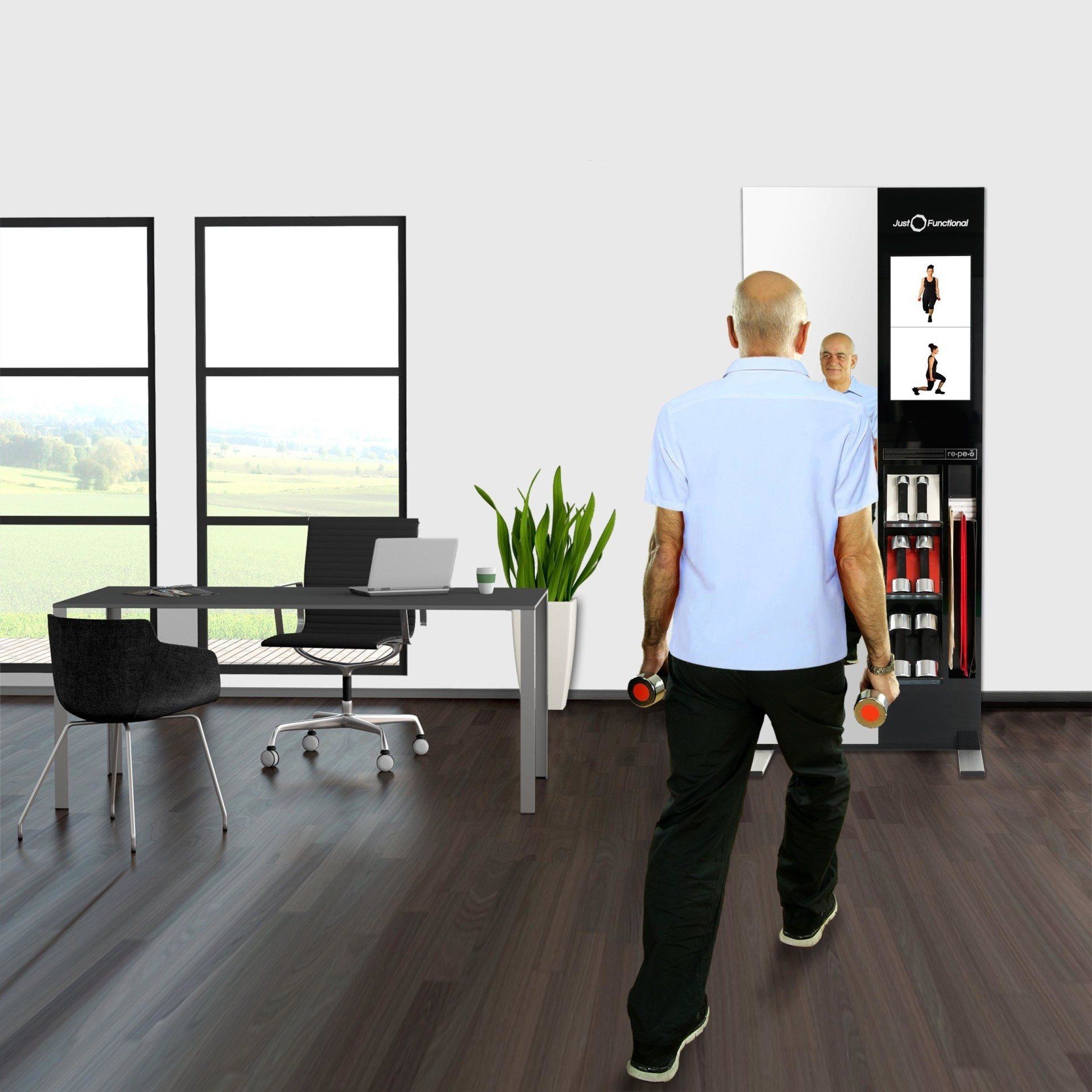 Ein Bild, ein Mann trainiert an Übungsstation im Büro, Just Functional