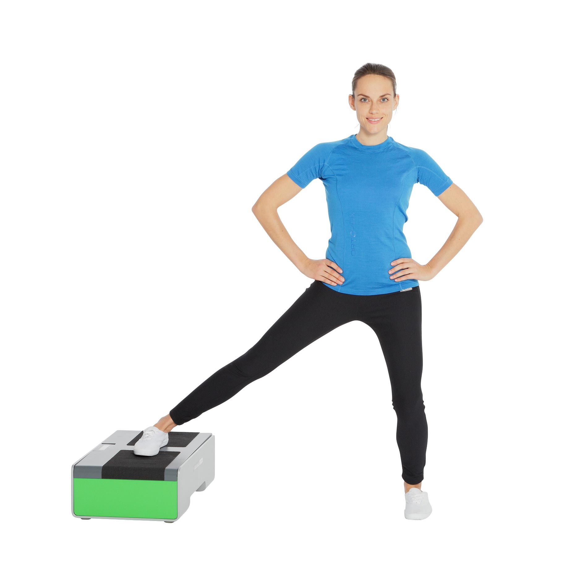 ein Bild, Frau mit einem Bein auf Vibrationstrainer, Wellengang performance