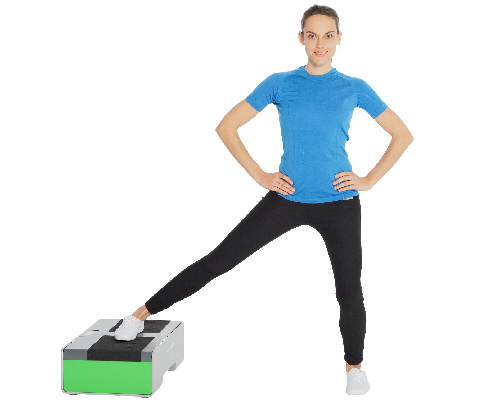 Ein Bild, Frau mit Bein auf Vibrationstrainer, Wellengang perfomance