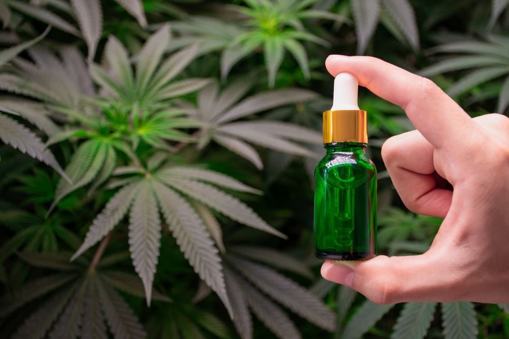 Flacon vert devant des feuilles