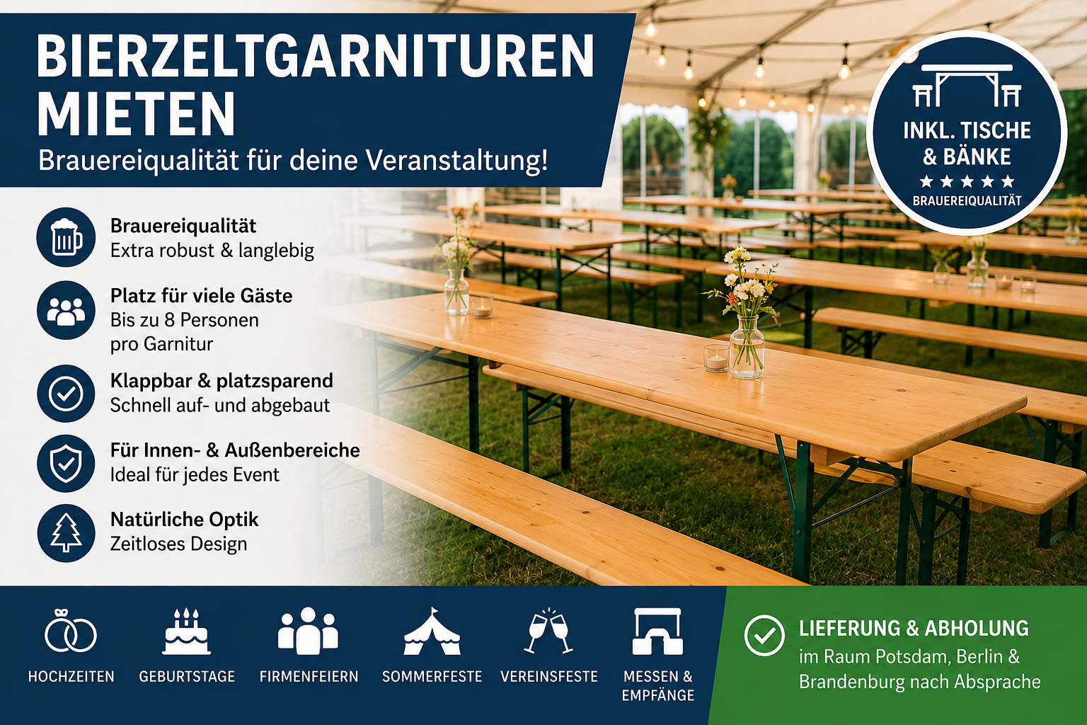 Bierzeltgarnituren in Potsdam Kleinmachnow Teltow Stahnsdorf Berlin und Brandenburg mieten
