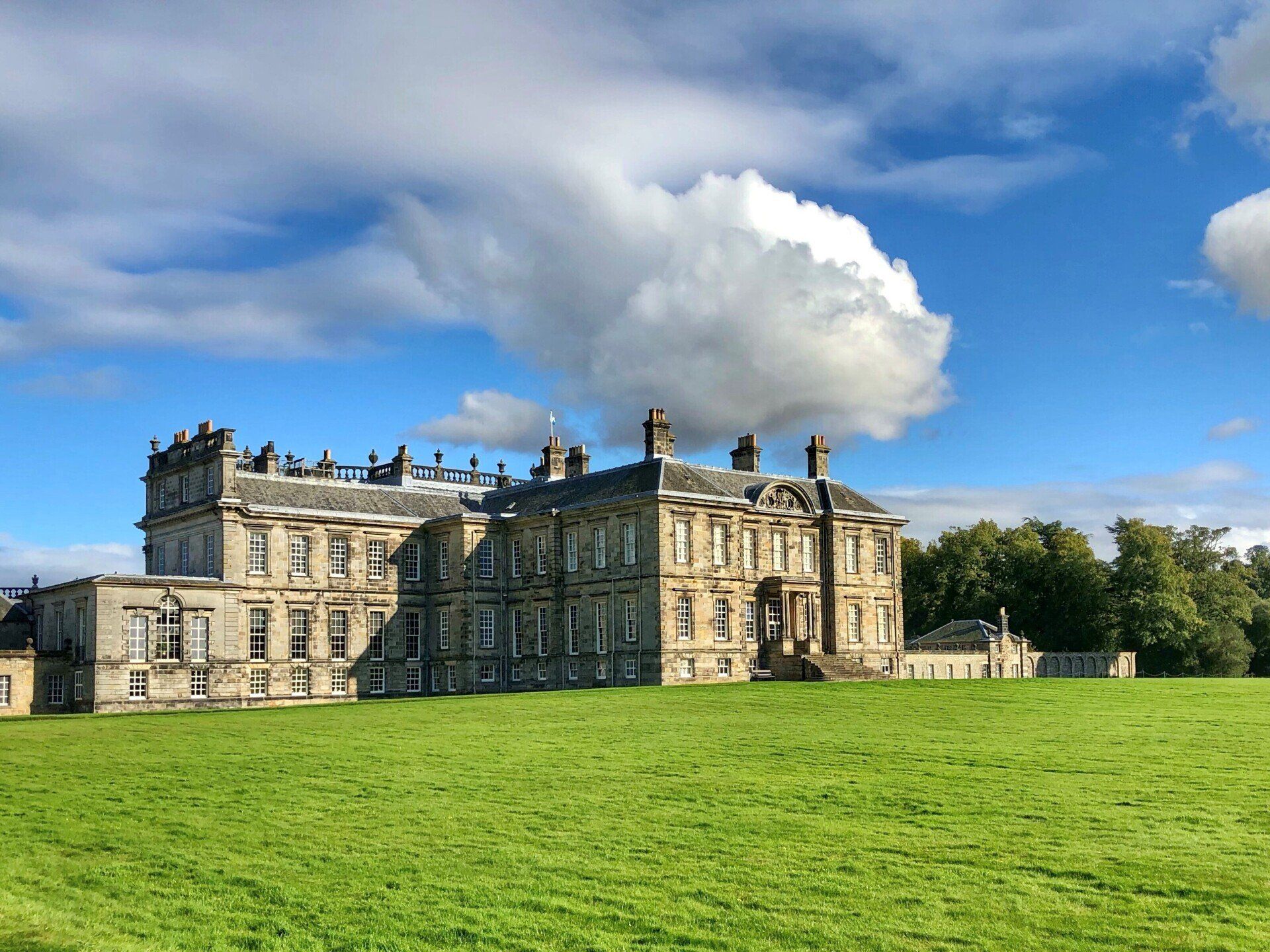 Hopetoun House grand building pictured on a sunny spring day