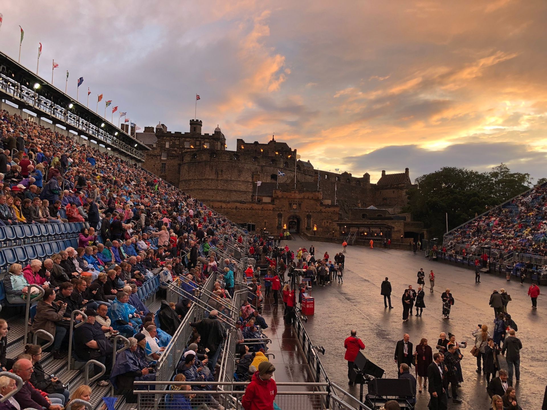 Edinburgh's Tattoo pictured before the show with the sun setting over Edinburgh Castle