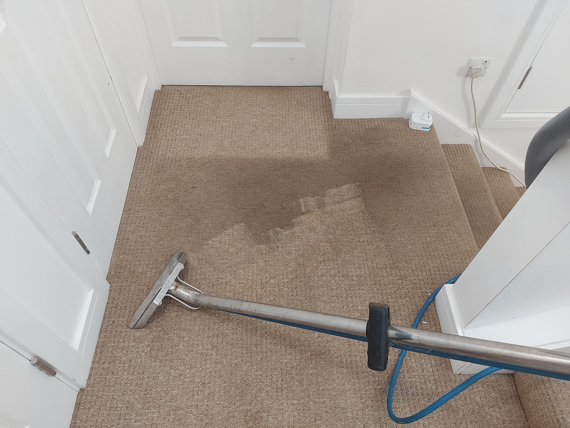 A carpet cleaning machine with a metal attachment is positioned next to a partially cleaned carpet. The carpet shows a noticeable clean area beside a dirty section, indicating steam cleaning in progress.