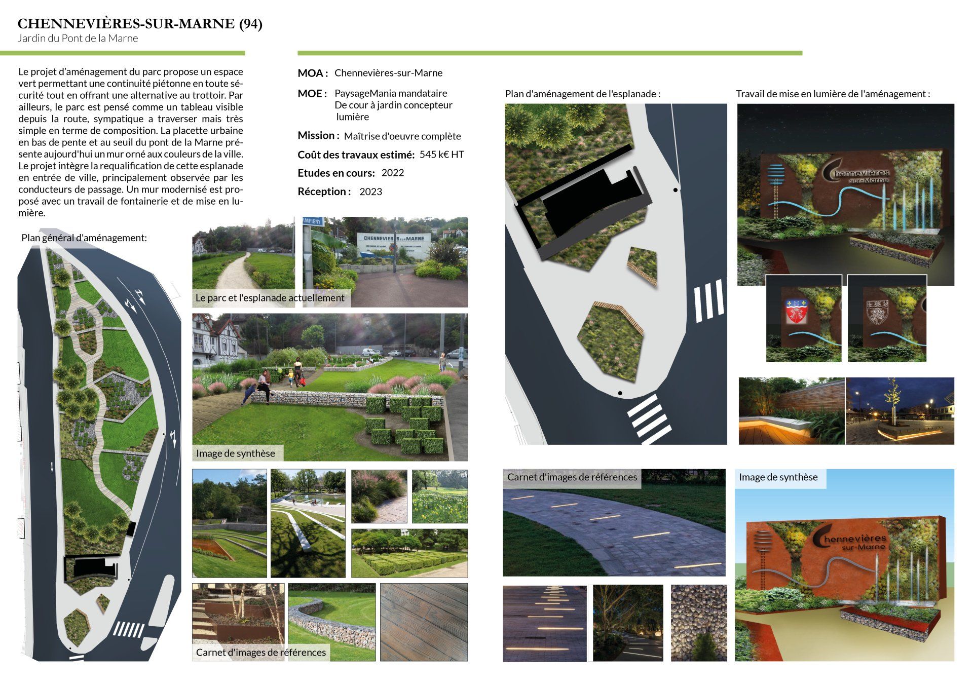Jardin du Pont de la Marne promenades entrée de ville esplanade requalifiée mur végétalisé fontaine mise en lumière partenaire De cour à Jardin Chennevières-sur-Marne 94 paysagiste Pontault-Combault paysagiste Tours paysagiste concepteur Tours Paysagiste concepteur Paris aménagements paysagers architecte paysagiste bureau d'études