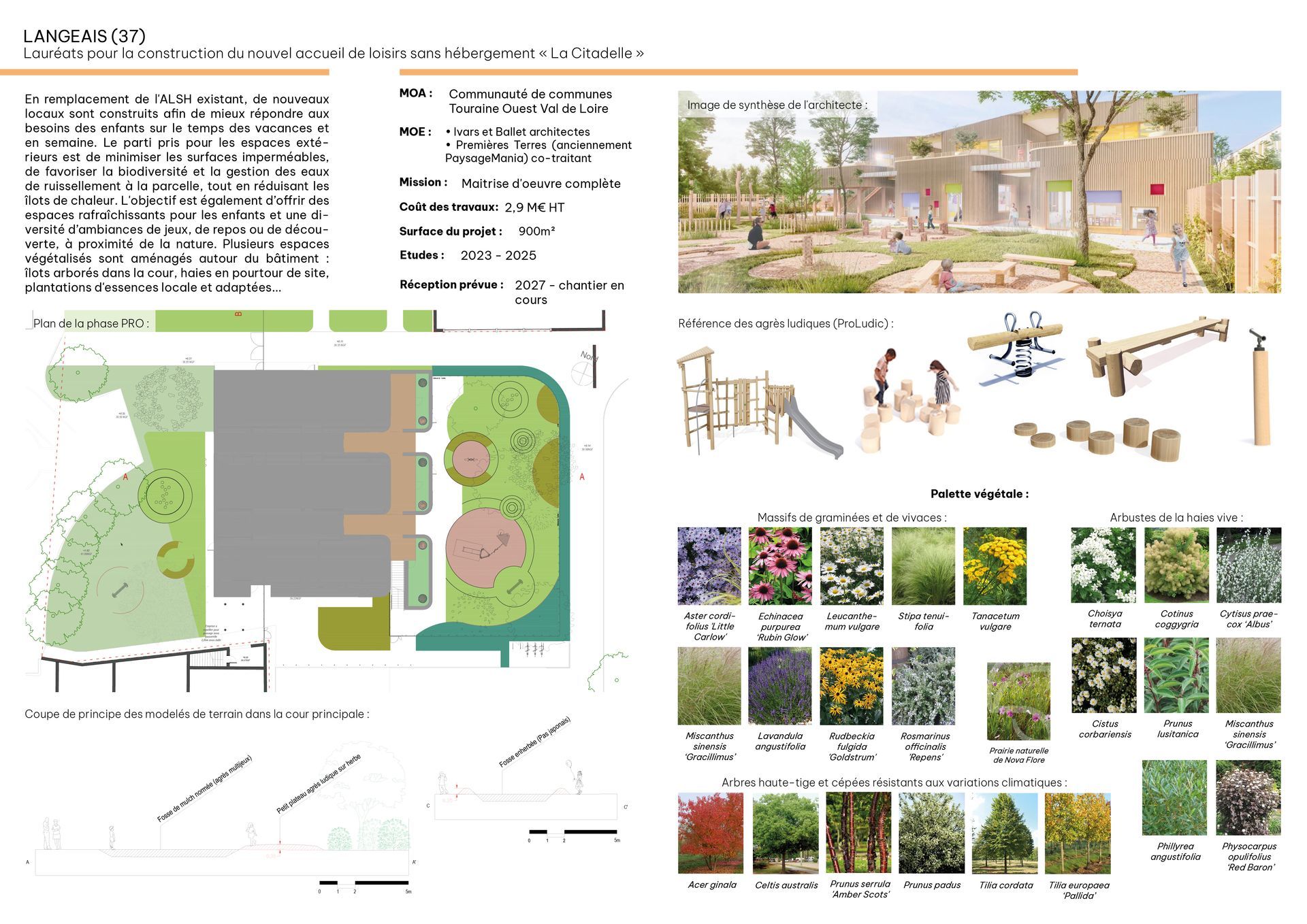 Construction d'un Accueil de loisirs sans hébergement ALSH Langeais 37 Lauréat concours Aménagements extérieurs jeux et plantations Partenaire Ivars & Ballet architectesPremières Terres Paysagiste Saint-Cyr-sur-Loire Paysagiste Tours Paysagiste concepteur Tours Paysagiste concepteur Région Centre Paysagiste concepteur Loir-et-Cher Aménagements paysagers Architecte paysagiste bureau d'études