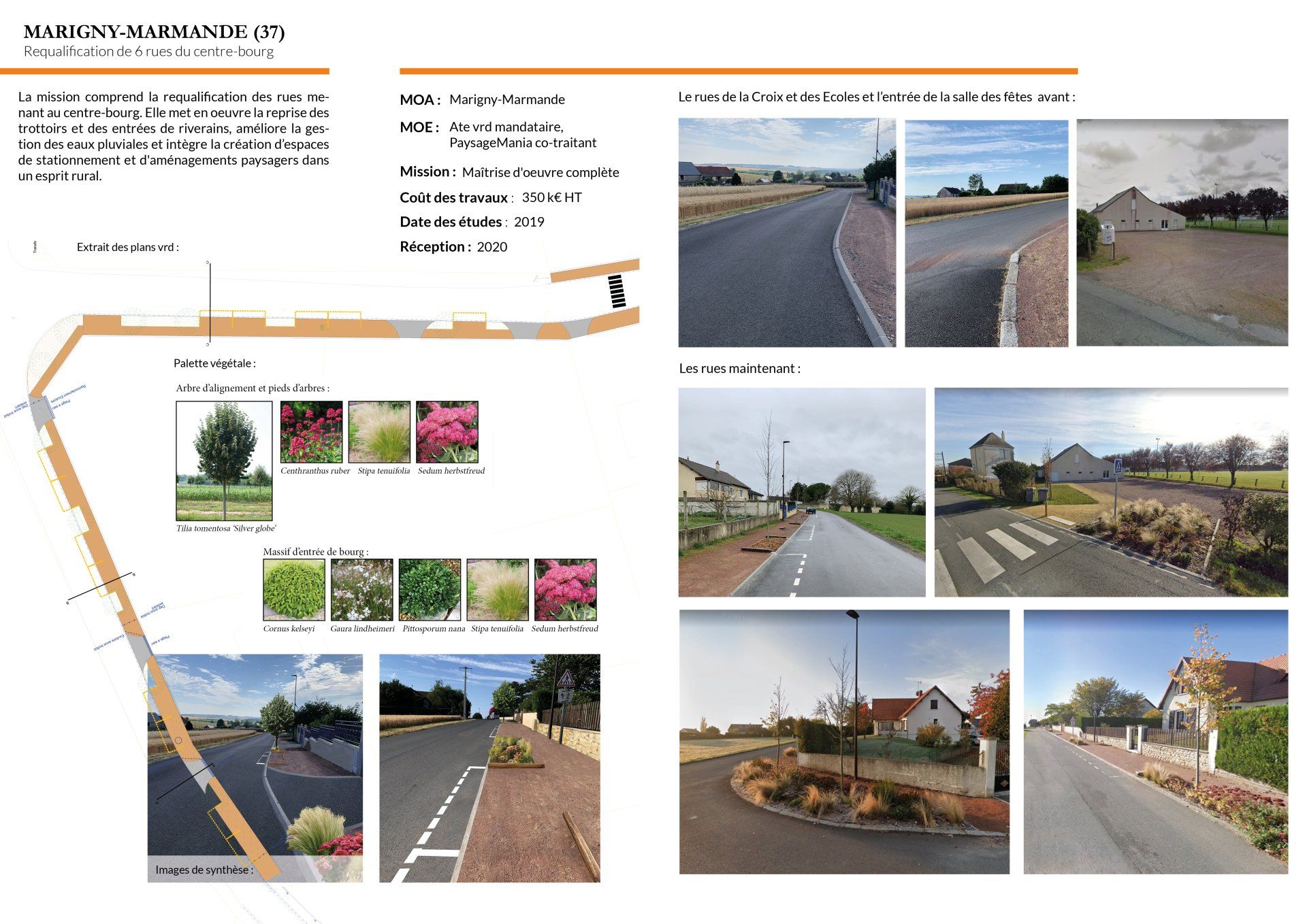 Requalification des rues du centre-bourg reprise des trottoirs gestion eaux pluviales stationnement plantations partenaire VRD ATE commune Marigny-Marmande 37 paysagiste Pontault-Combault paysagiste Tours paysagiste concepteur Tours Paysagiste concepteur Paris aménagements paysagers architecte paysagiste bureau d'études