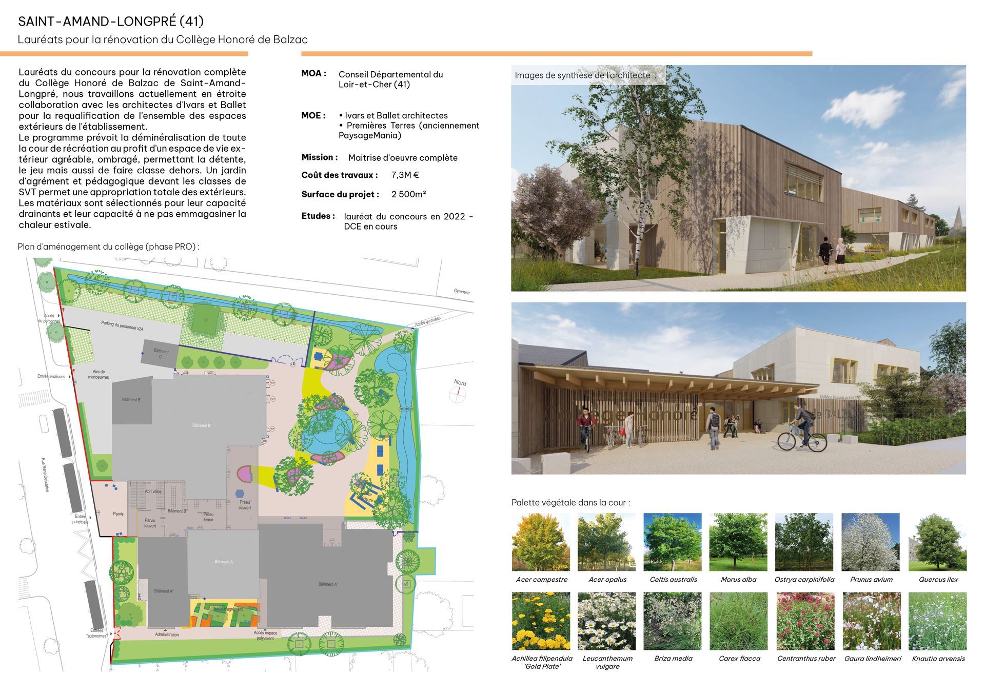 Rénovation du collège Honoré de Balzac Saint-Amand-Longpré 41 Désimperméabilisation de la cour plantation et mobilier Partenaire Ivars & Ballet architectes Premières Terres Paysagiste Saint-Cyr-sur-Loire Paysagiste Tours Paysagiste concepteur Tours Paysagiste concepteur Région Centre Paysagiste concepteur Loir-et-Cher Aménagements paysagers Architecte paysagiste bureau d'études