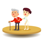 Seguros de dependencia Sobre una plataforma, una enfermera ayuda a caminar a un anciano que descarga parte de su peso con un bastón de andar