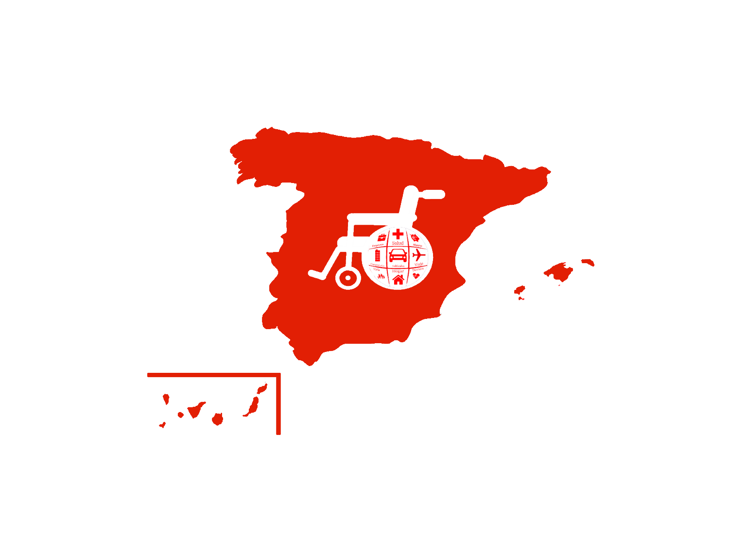 Mapa mudo de España con un dibujo de una silla de ruedas en medio