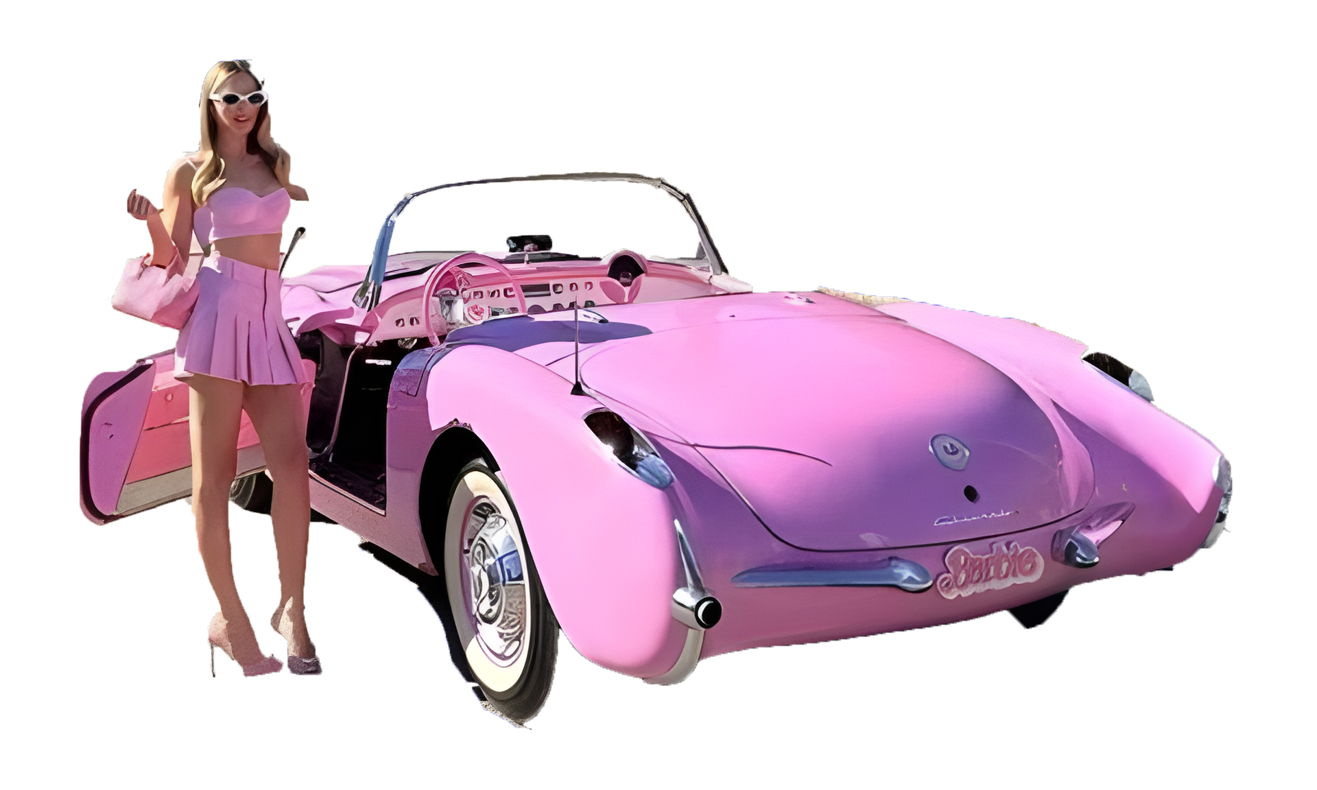 Margot Robbie junto al Chevrolet Corvette C1 de la película Barbie