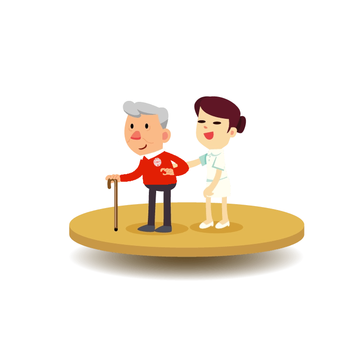 Sobre una plataforma, una enfermera ayuda a caminar a un anciano que descarga parte de su peso con un bastón de andar