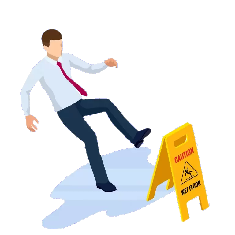 Trajeado sin chaqueta empleado de empresa resbalándose en un charco señalizado con un cartel plegable de