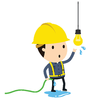 Empleado de electricidad manipulando una bombilla con una mando mientras sujeta con la otra una manguera que se encuentra goteando agua