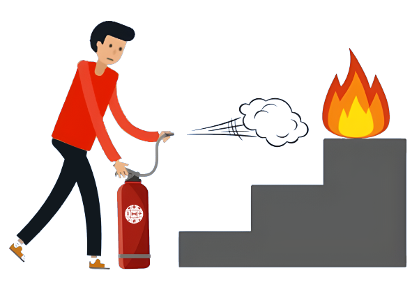 Persona sofocando con un extintor un incendio situado en lo alto de una escalera