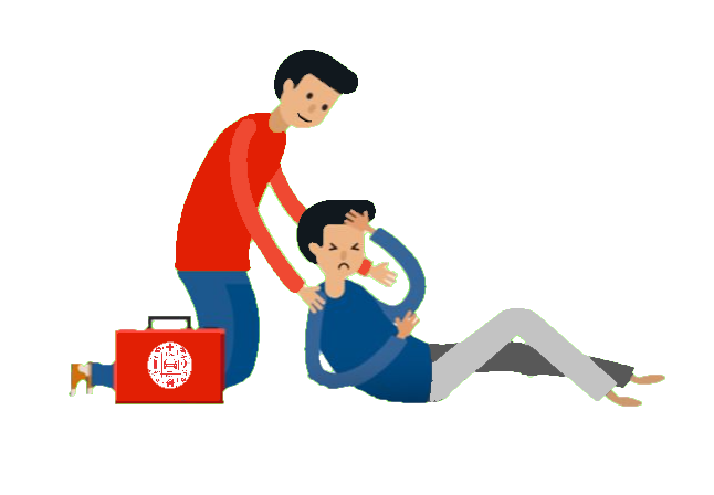 Persona médica atendiendo a un tumbado y aturdido empleado de la empresa que ha sido víctima de una intoxicación