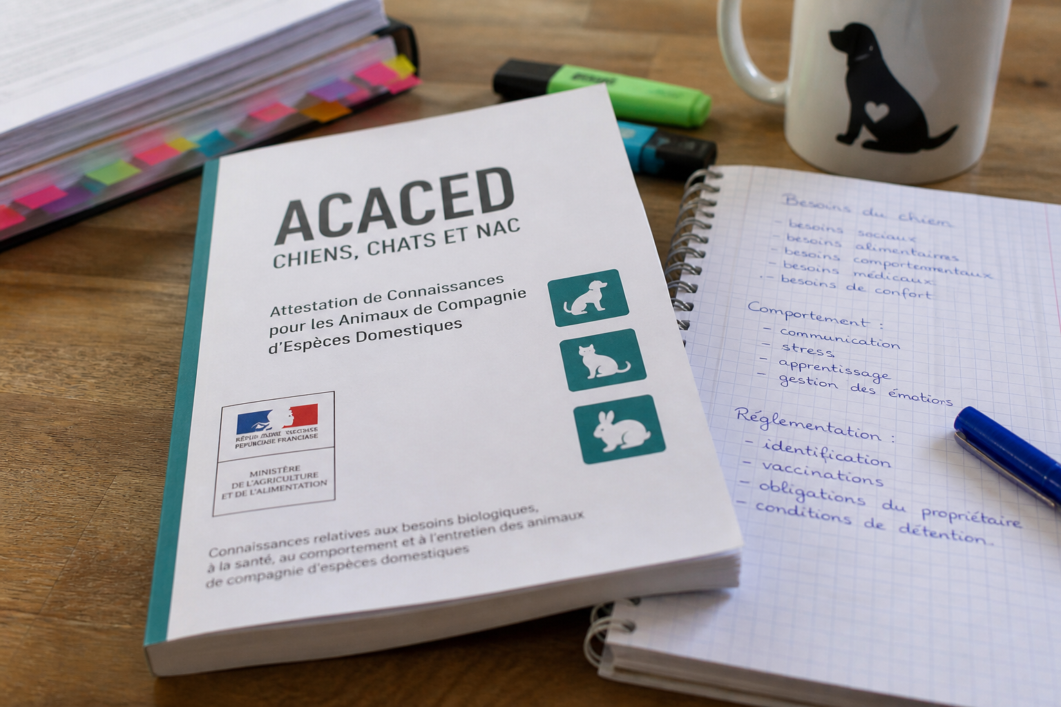 Livre ACACED chiens chats et notes de formation sur table de travail pour futur éducateur canin