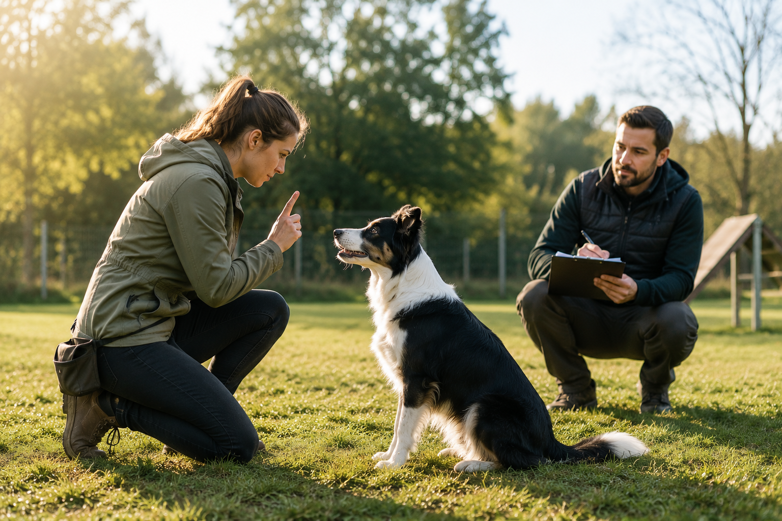 Éducatrice canine travaillant avec un chien pendant qu'un comportementaliste observe et analyse son