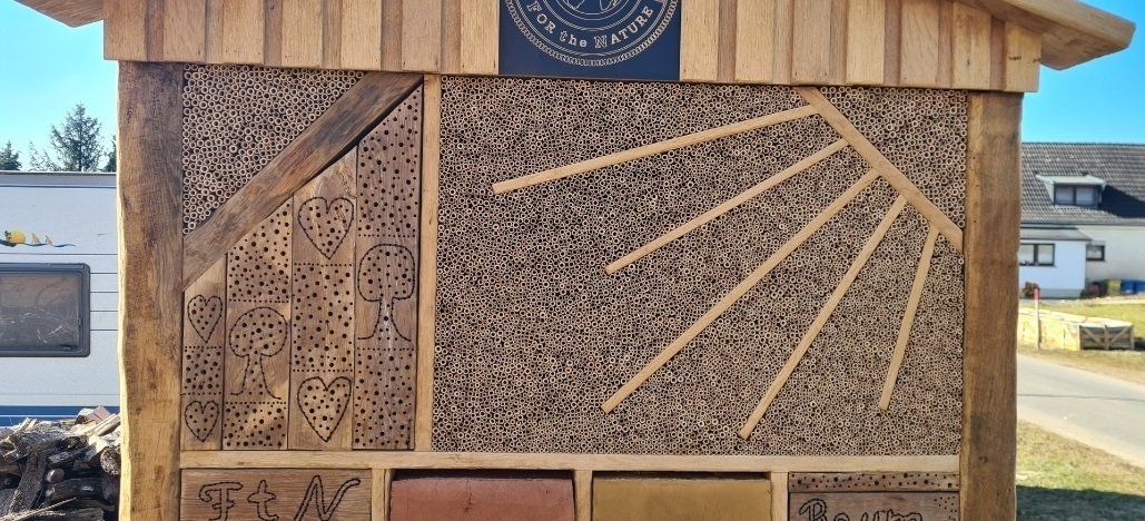 Sonnenmotiv aus Holz neben kreativ gebohrten Hartholzblöcken in unserer Insektenwand