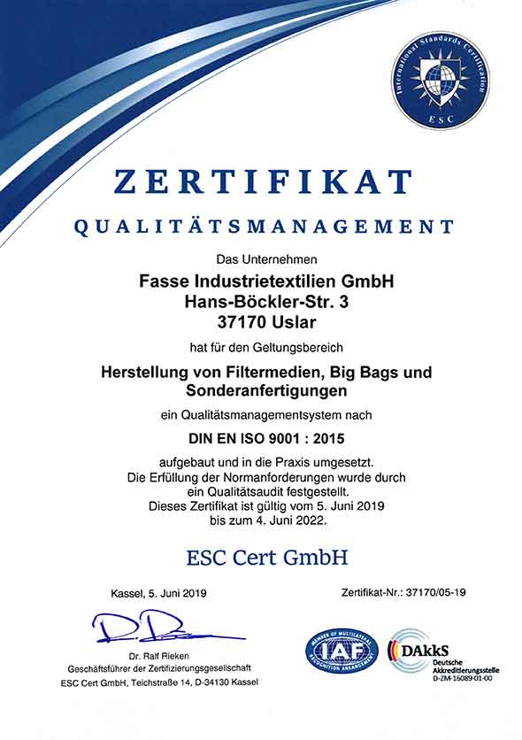 Zertifikat Qualitätsmanagement DIN EN ISO 9001 : 2015 Fasse Industrietextilien