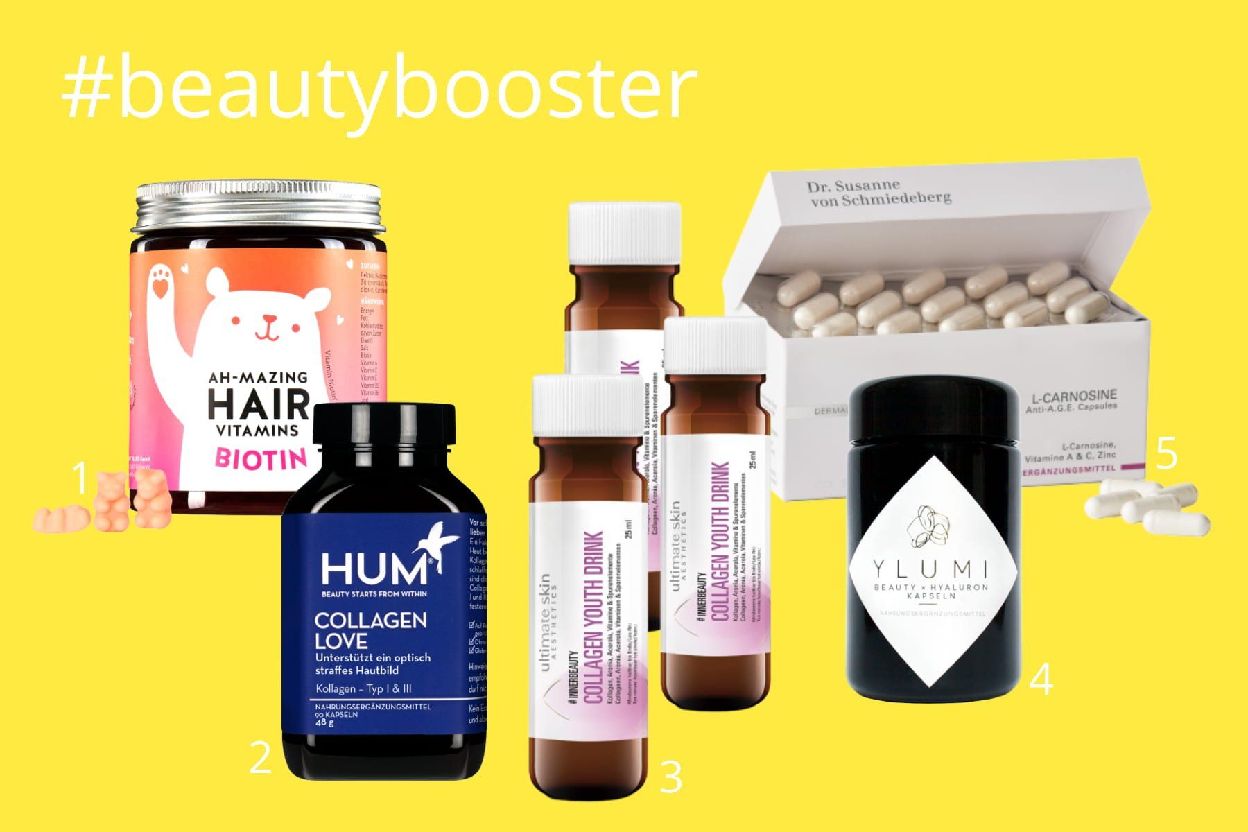 wissen-ist-mehr-beautybooster-nahrungsergaenzungsmittel-nutricosmetic-bears-with-benefits-ah-mazing-hair-vitamins-hum-collagen-love-innerbeauty-collagen-youth-drink-ylumi-beauty-dr-susanne-von-schmiedeberg