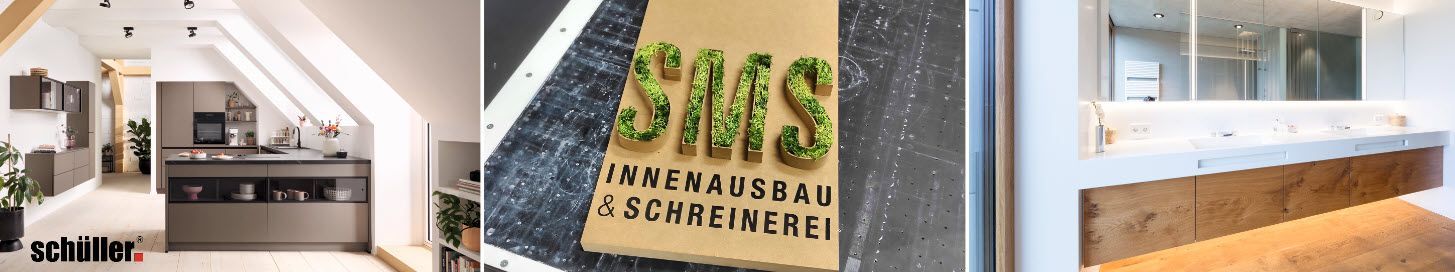 rechts und links Referenzfotos von Produkten der Firma SMS Innenausbau GmbH und in der Mitte das Logo der Firma SMS