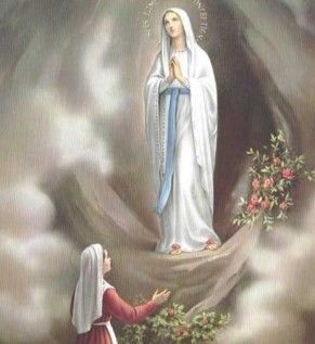 A painting of our Lady of Lourdes and Bernadette at the grotto.