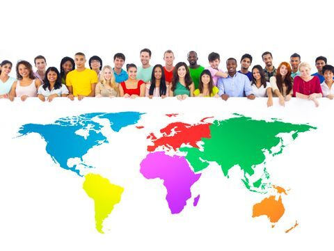 Colorful graphic of world map and people of the world