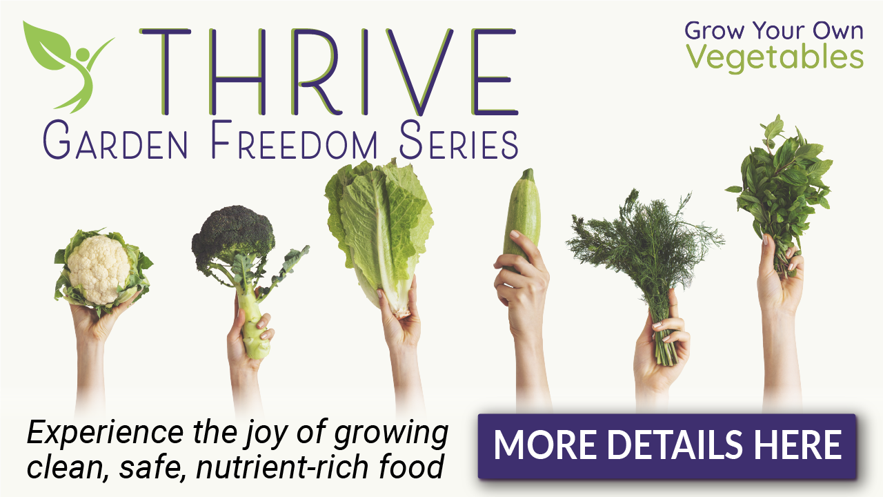 A  photo of the Thrive gardening program, showing 5 hands holding up 5 different green vegetables