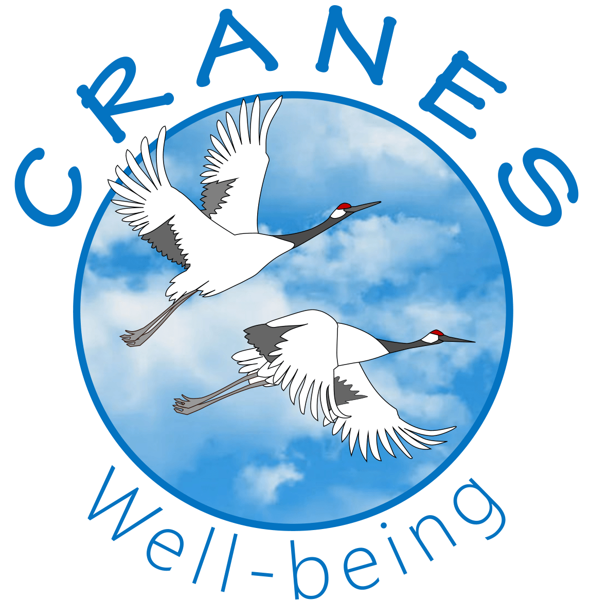 cranes well-being logo flying cranes in sky