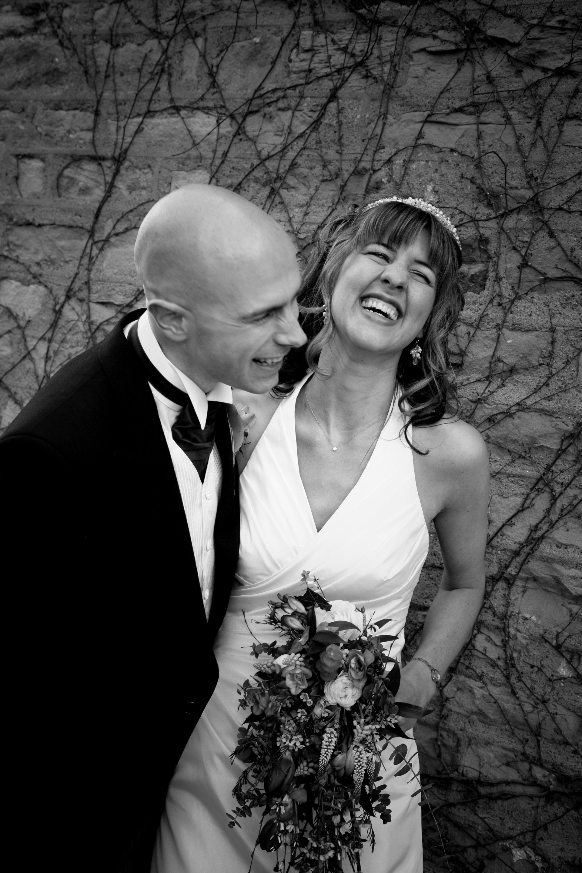 bride and groom laughing on their wedding day, summer wedding at the morritt, barnard castle