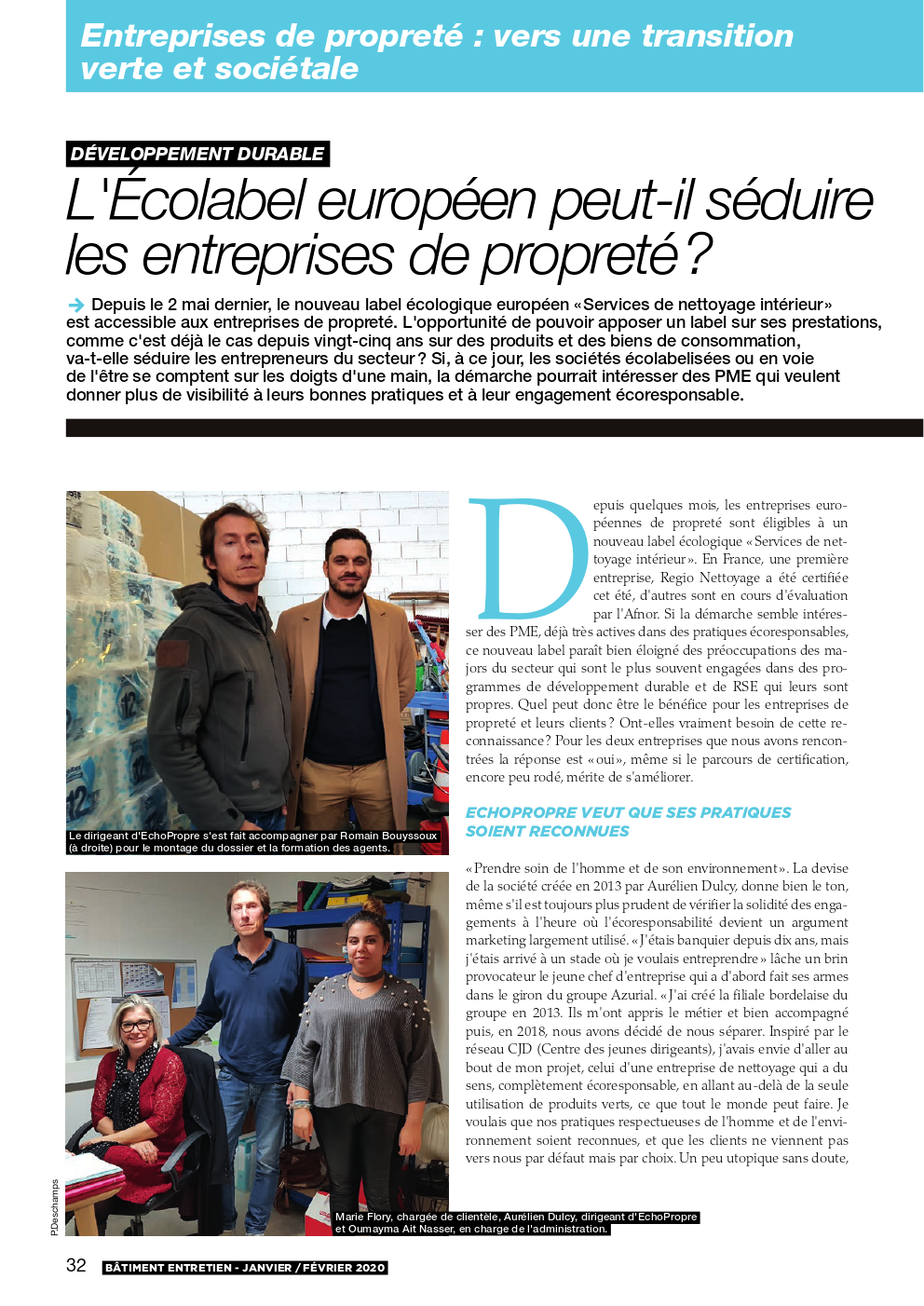 Article Bâtiment & Entretien sur EchoPropre et la certification Ecolabel européen - Janvier 2020