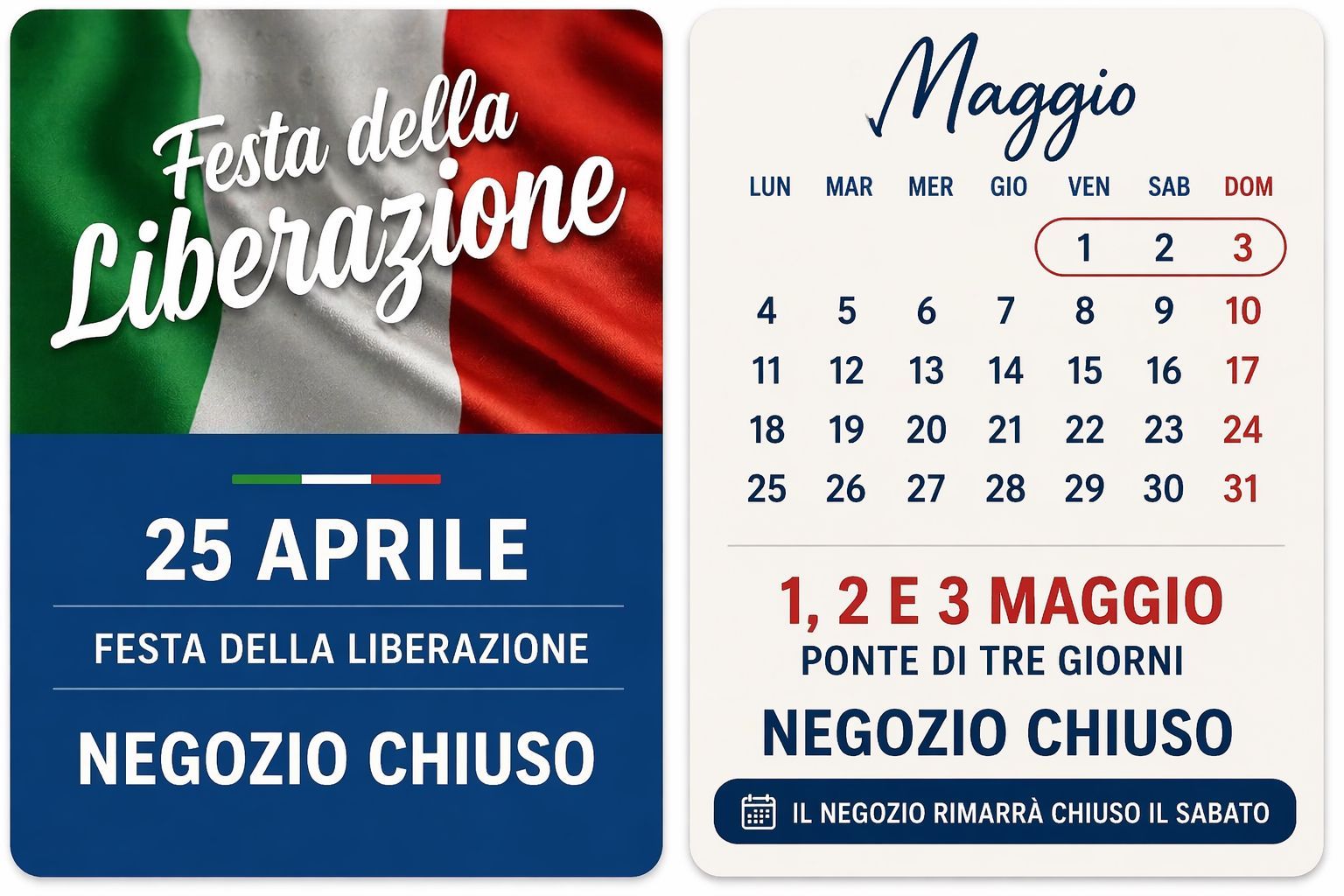 ORTOPEDIA CIBRARIO FESTA DELLA LIBERAZIONE E PONTE DEL 1° MAGGIO