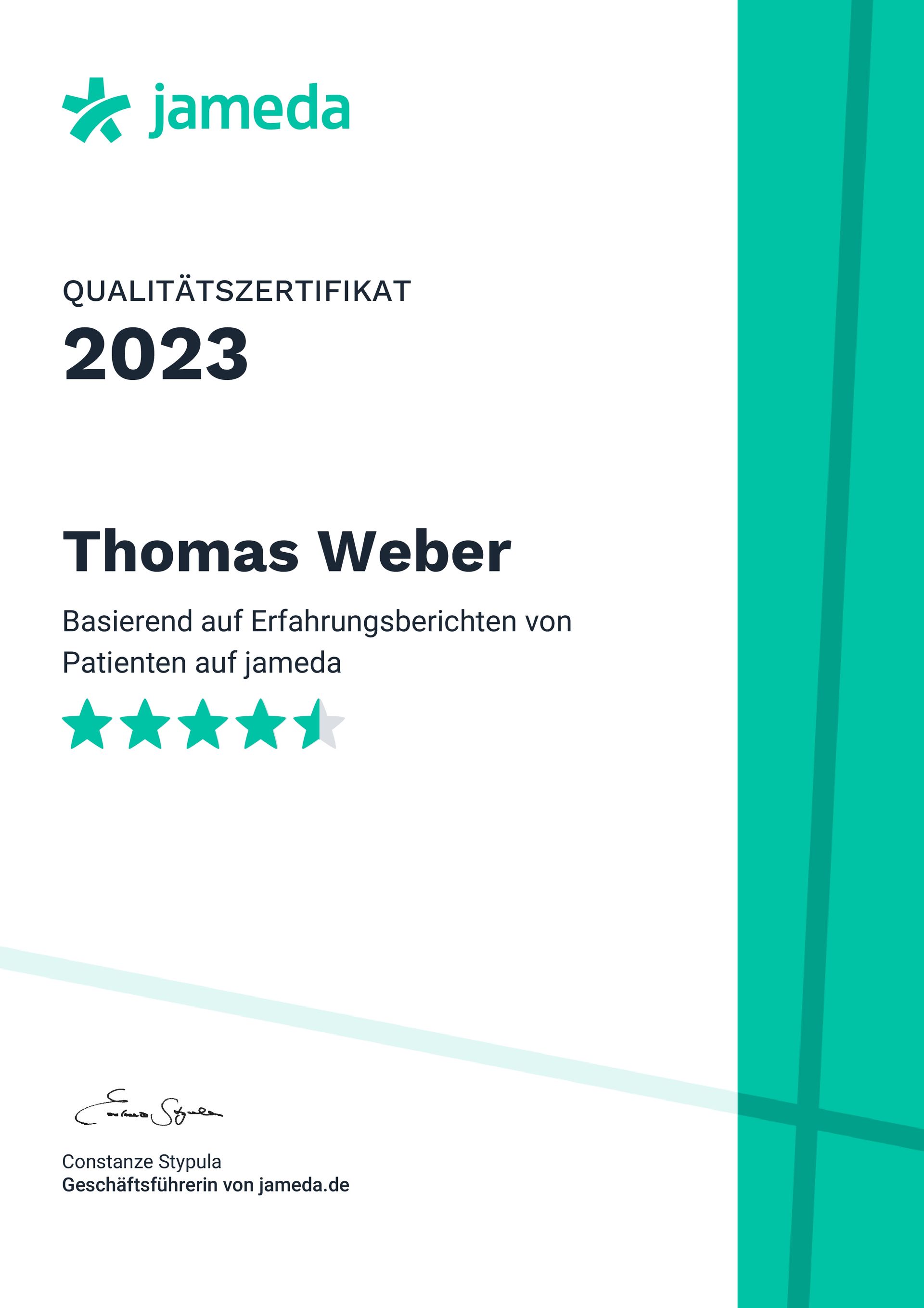 jameda Qualiaetszertifikat vom Jahr 2023 in weiß mit gruenem Rand