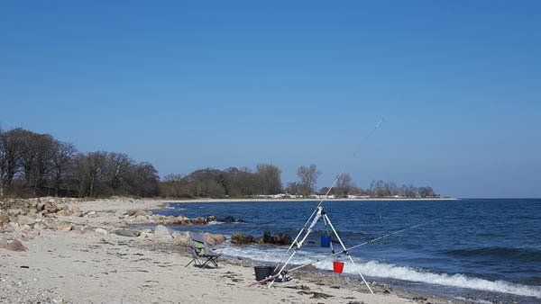 Angelruten beim Brandungsangeln auf dem Ostseecamp Lehmberg, einem Campingplatz, der direkt an der Ostsee gelegen ist.