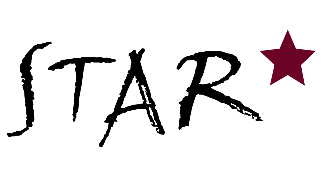 Das Logo der Star gGmbH. Schwarze Schrift in Großbuchstaben mit dunkelrotem Stern.