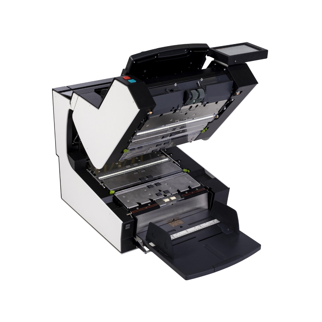 DeskPro 6x1 Desktop production scanner from interscan with a white background. DeskPro is open to see inside.