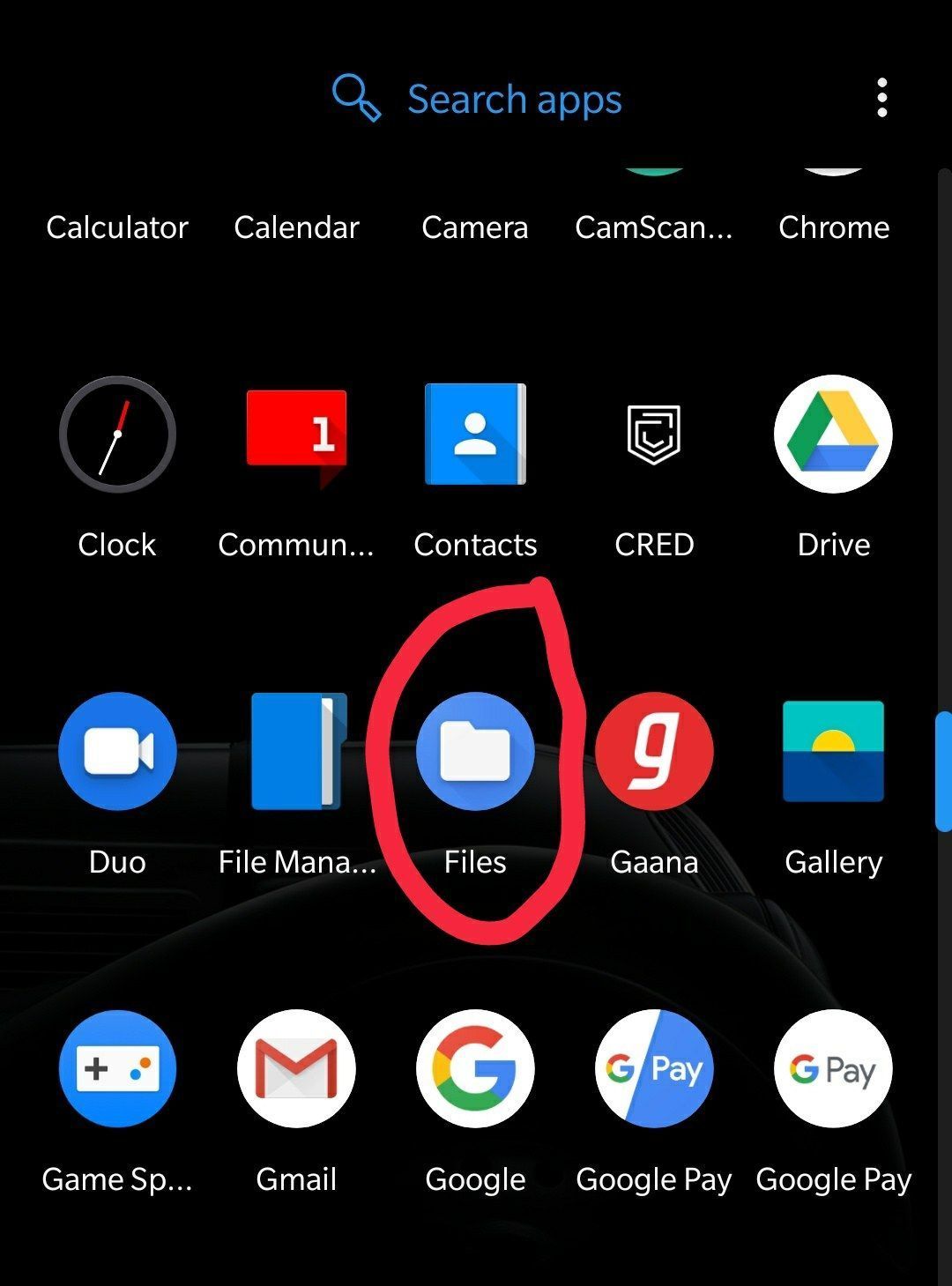 Picture of a Android homescreen with the  files app circled.