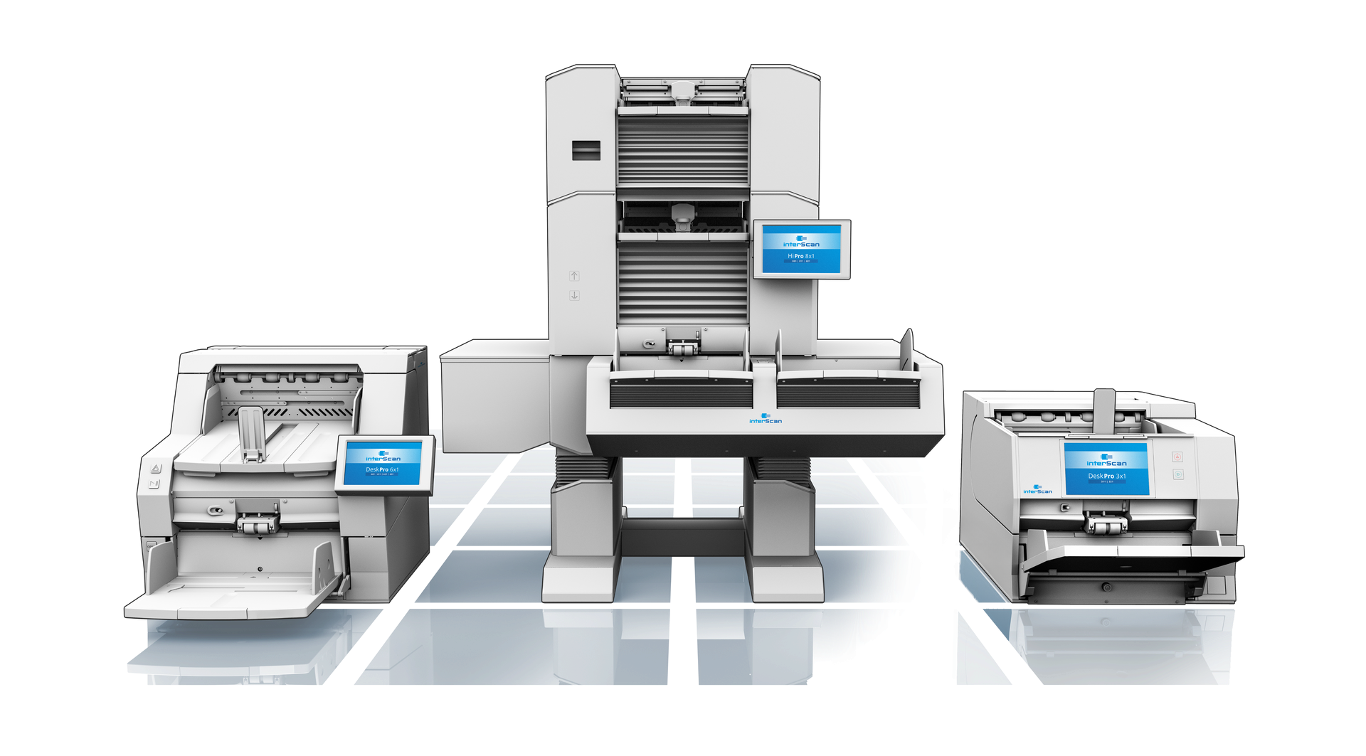Picture of the HiPro 8x1 production scanner in between two flags.