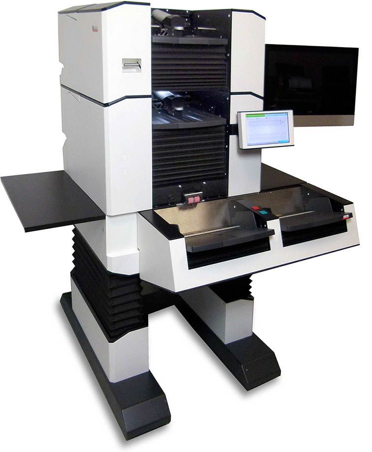 HiPro 8x1 Series Production Scanner , with a whitebackground, from a diagonal angle, zoomed in.