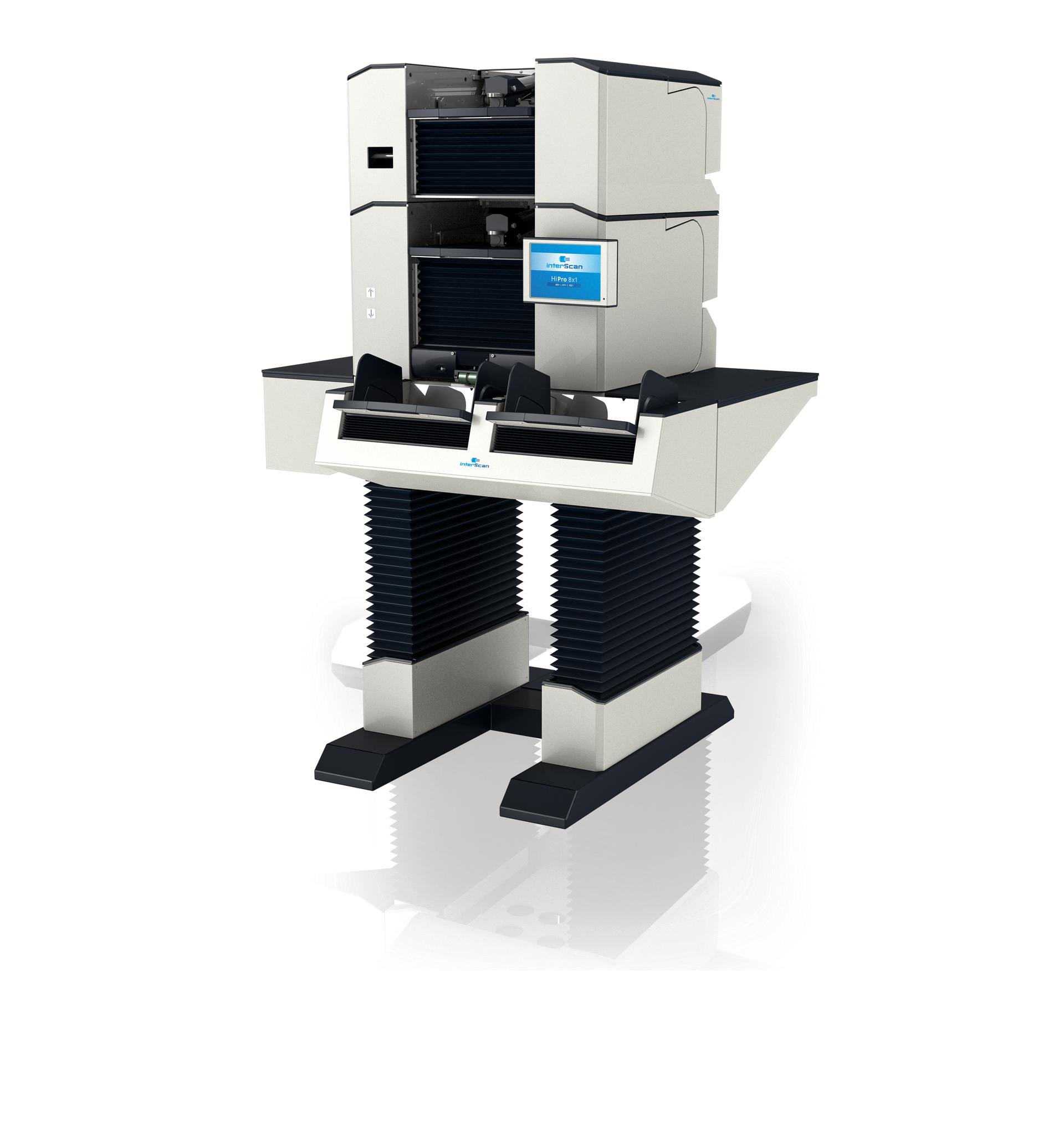 The interScan HiPro 8x1 is a high-speed, 24/7 production scanner with upgradeable speeds from 160ppm, 210ppm and 300 ppm, dual hoppers, and triple sorters—ideal for high-volume, mixed-document environments.