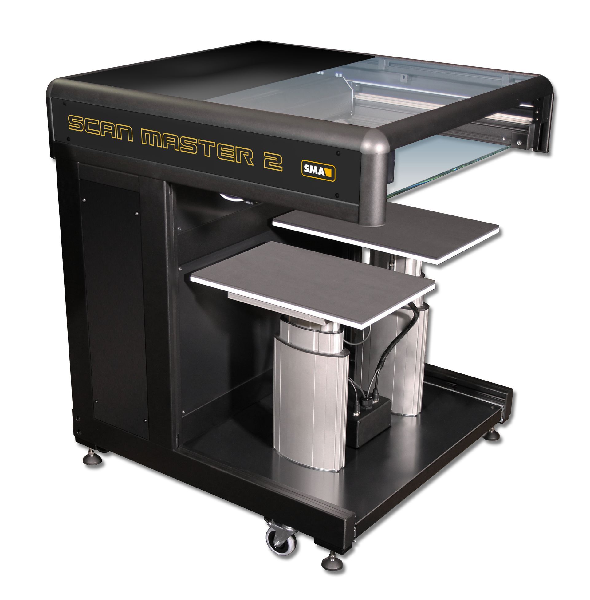 The SCAN MASTER 2 , A2 book scanner offers virtual 3d, V3D technology for 3d scans, two way scanning, and a motorized cradle for heavy material or bound books.