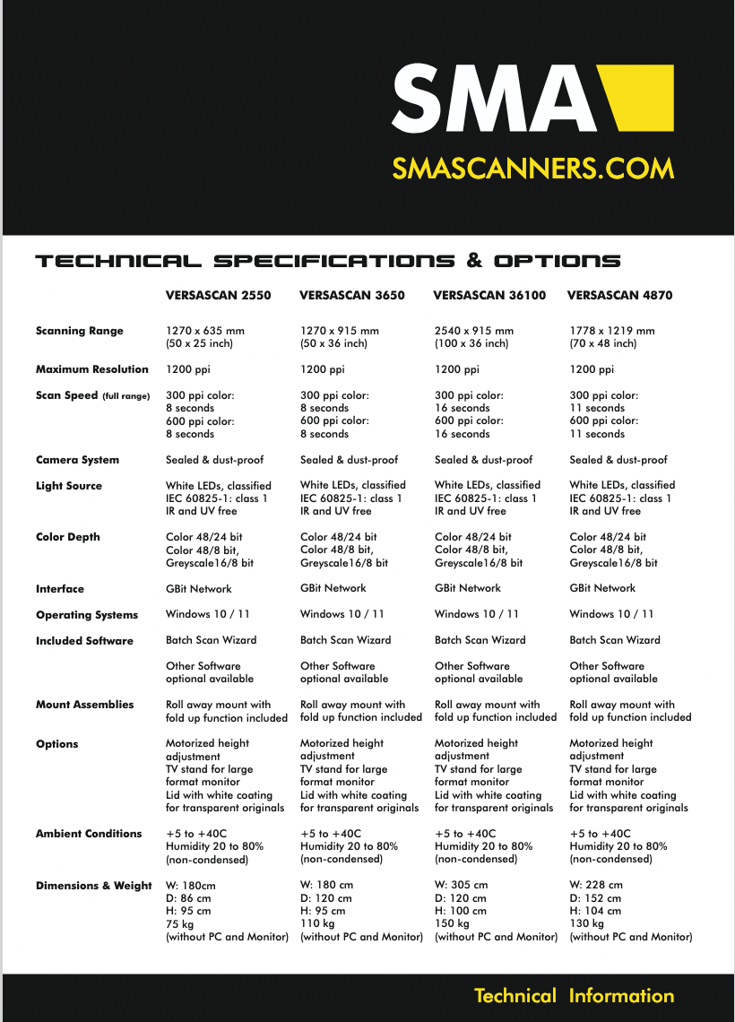 SMA flatbed scanner technical specs and options.