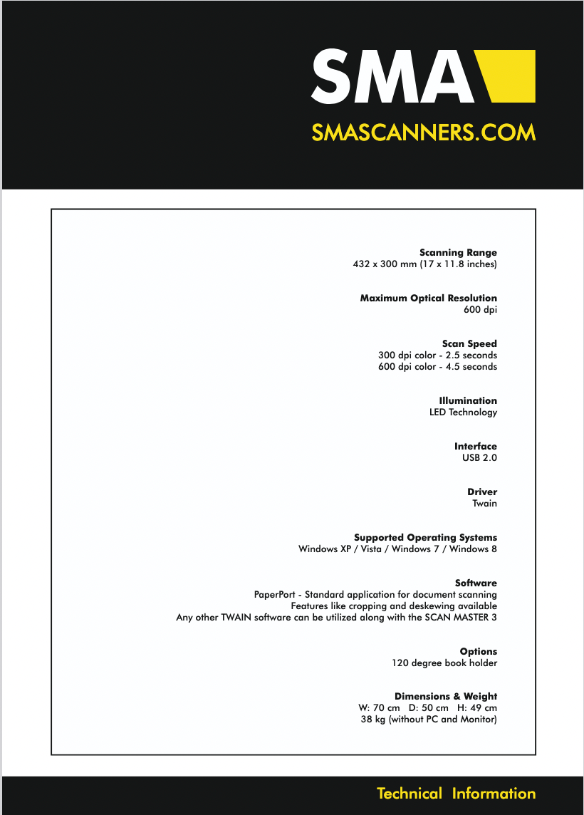 SCAN MASTER 3 A3 book scanner specification sheet