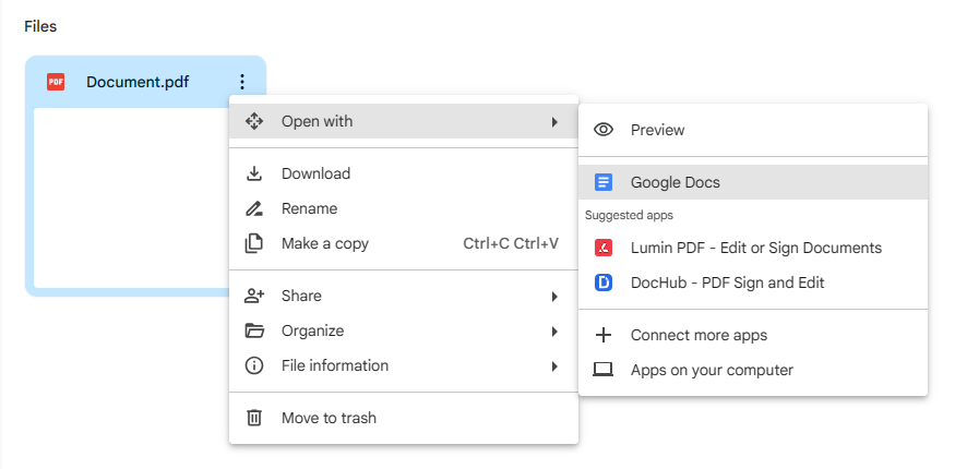 Open PDF file with Google Docs from Google Drive.